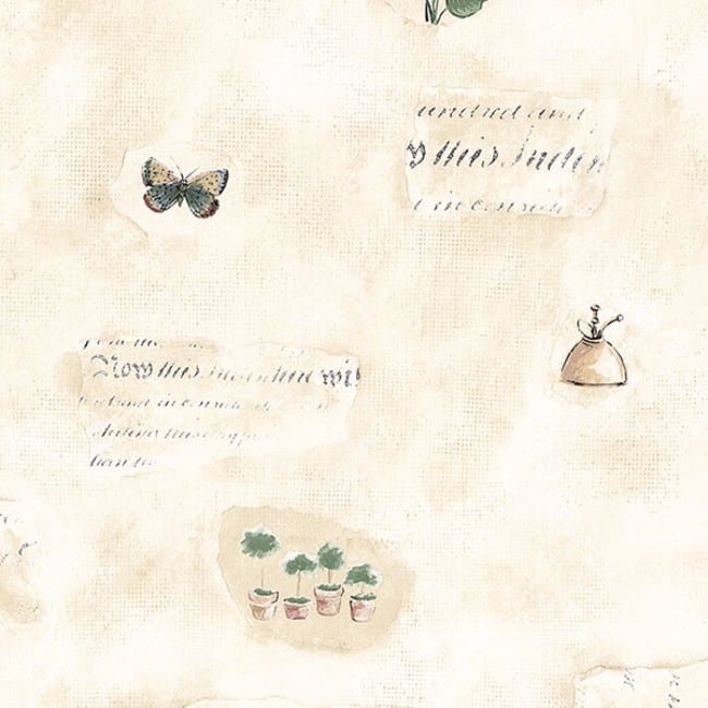 Edgewater Butterfly Script Wallpaper in Tan, Grey, Blue, Green, Red, and Beige