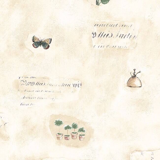 Edgewater Butterfly Script Wallpaper in Tan, Grey, Blue, Green, Red, and Beige