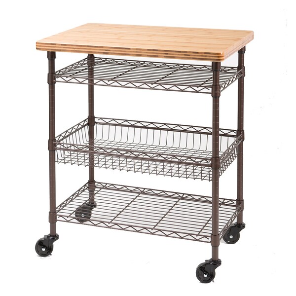 Seville Classics Kitchen Work Table Cart with Bamboo Top - Bronze
