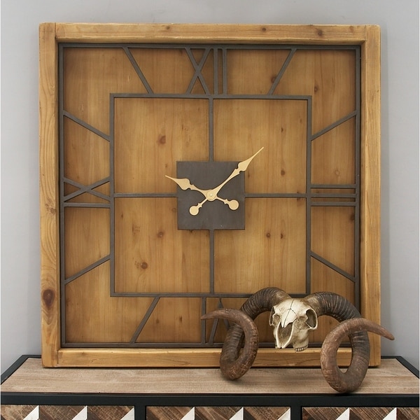 Shop Natural 40 x 40 Inch Stained Wood and Iron Wall Clock ...