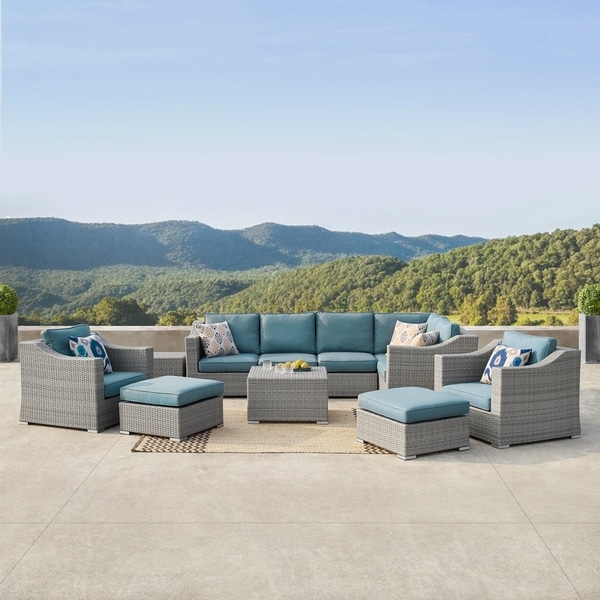Corvus Martinka 11-piece Grey Wicker Outdoor Sectional Sofa Set with Blue Cushions