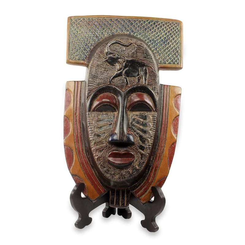Handmade Sese Wood 'Royal Elephant' African Mask and Stand (Ghana) - Multi-color