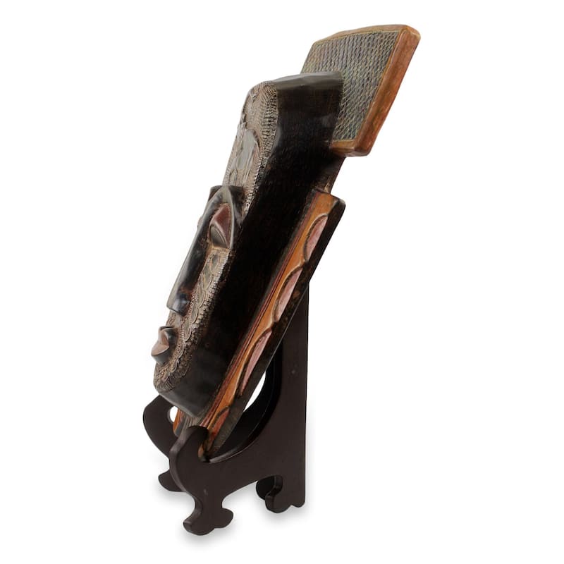 Handmade Sese Wood 'Royal Elephant' African Mask and Stand (Ghana) - Multi-color