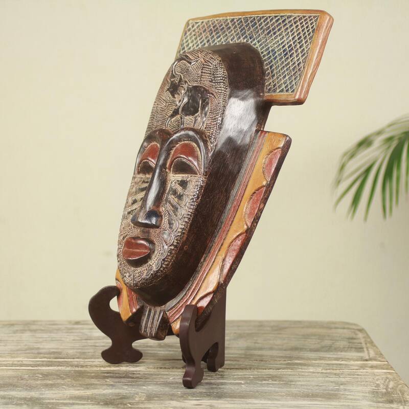 Handmade Sese Wood 'Royal Elephant' African Mask and Stand (Ghana) - Multi-color