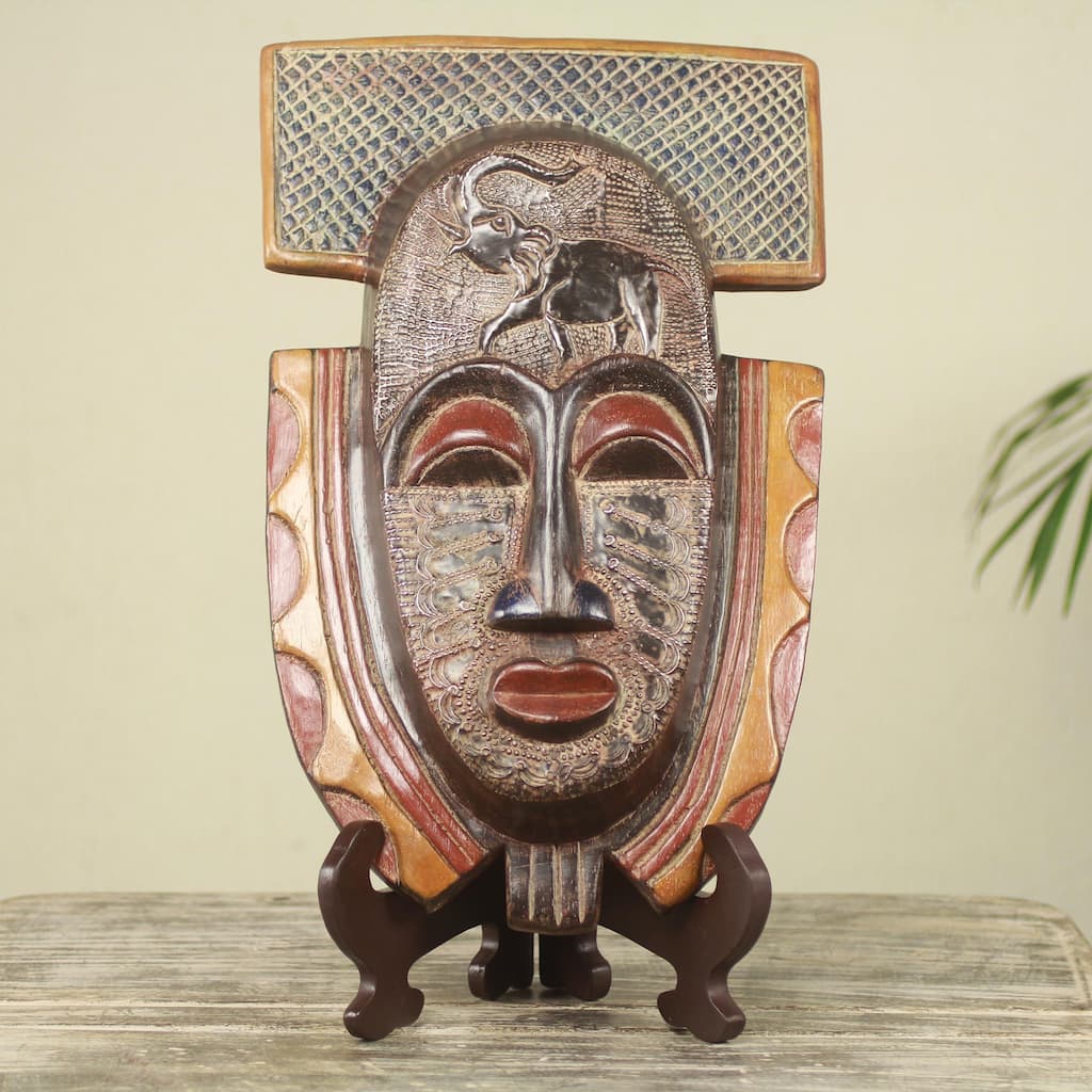 Handmade Sese Wood 'Royal Elephant' African Mask and Stand (Ghana) - Multi-color