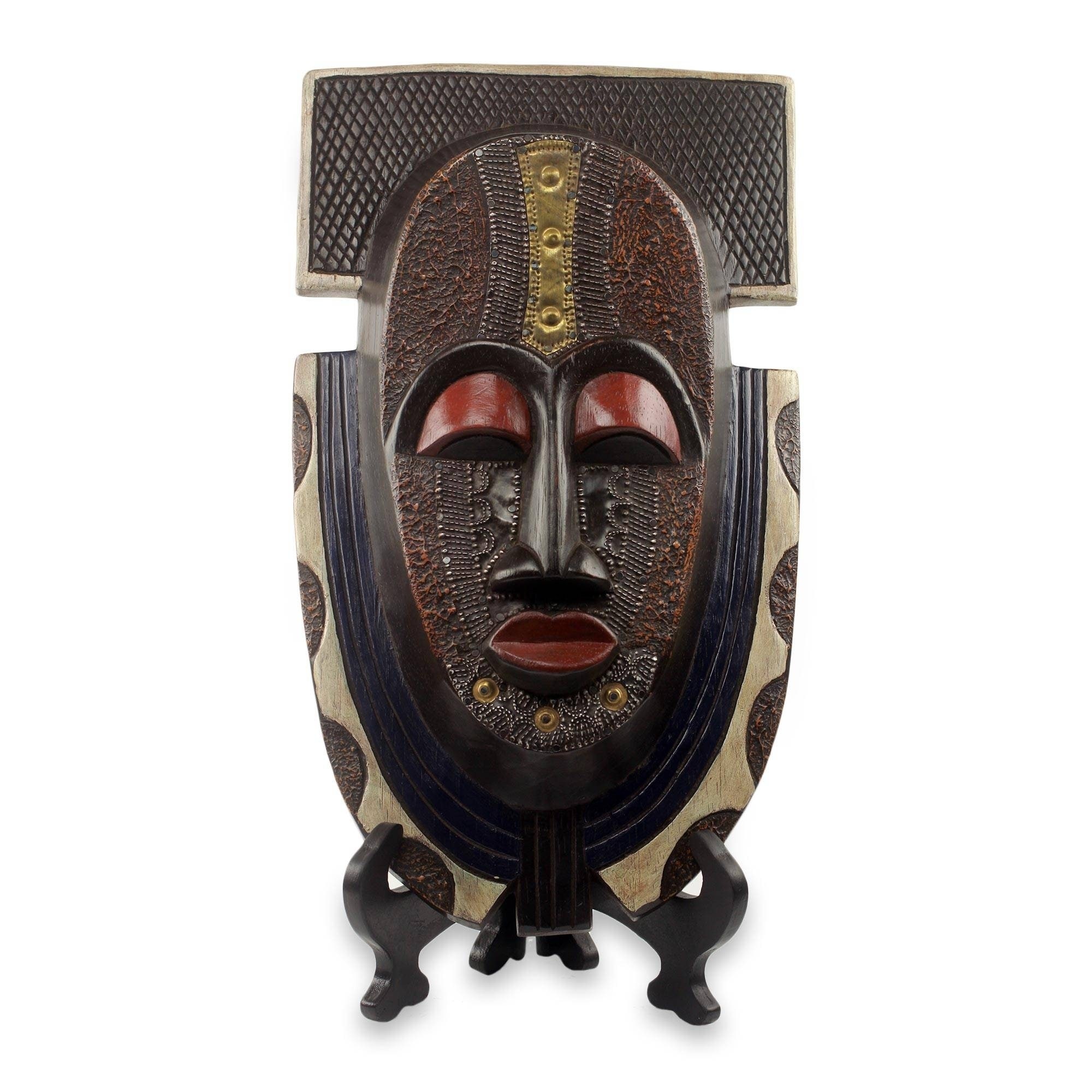 Handmade Royal Posture Sese Wood Mask and Stand (Ghana)