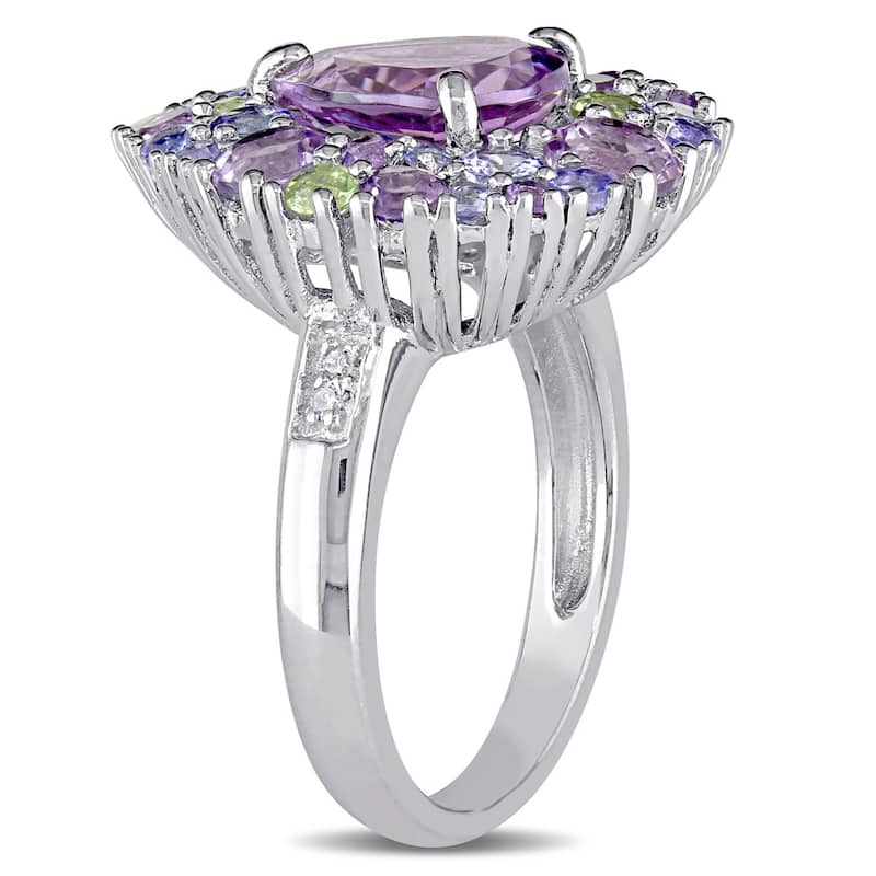 Miadora Tanzanite Rose de France Peridot Amethyst and Diamond Accent Pear-Cut Cluster Cocktail Ring