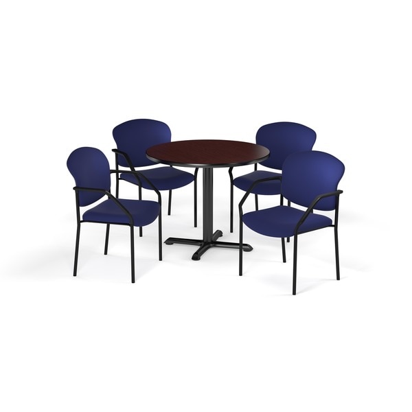 OFM Mahogany 42-inch Round Table X-Series with 4 Fabric Guest Chairs