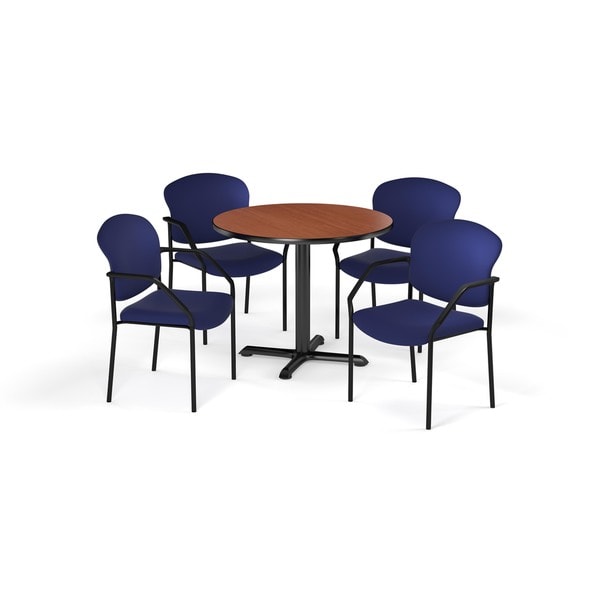 OFM Cherry 42-inch Round Table X-Series with 4 Fabric Guest Chairs