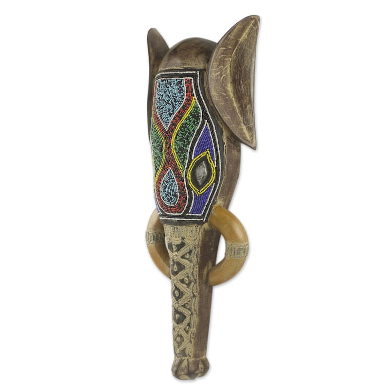 Handmade Beaded Sese Wood 'Akan Elephant' African Wall Mask (Ghana)