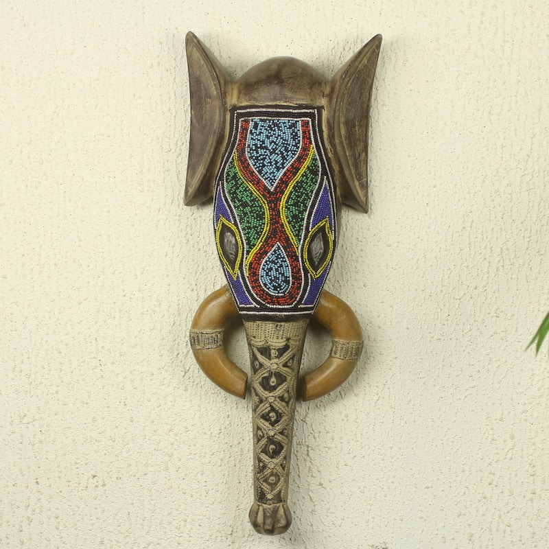 Handmade Beaded Sese Wood 'Akan Elephant' African Wall Mask (Ghana)