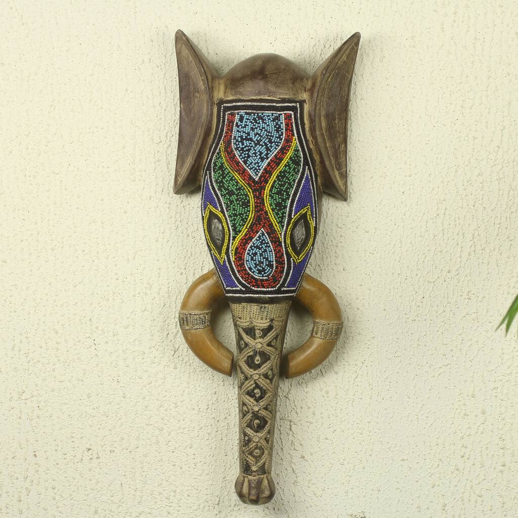 Handmade Beaded Sese Wood 'Akan Elephant' African Wall Mask (Ghana)