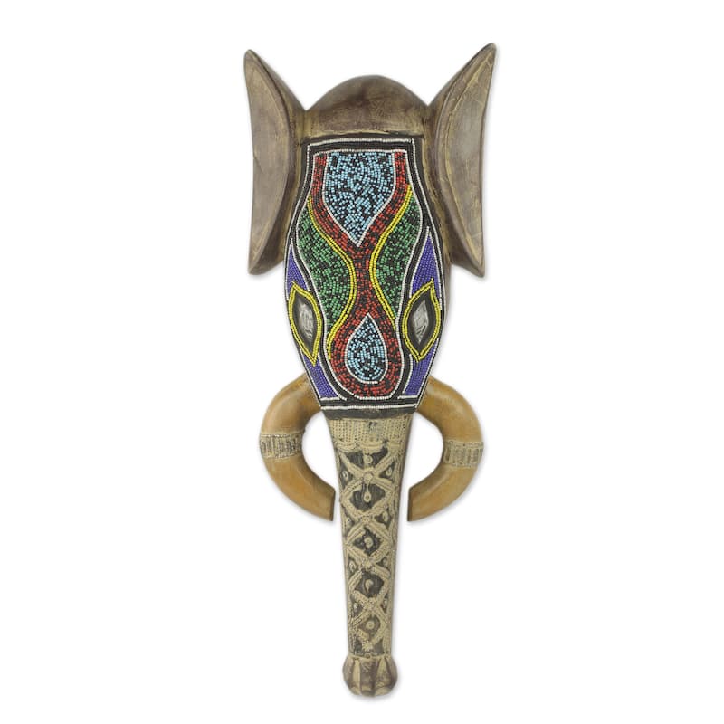 Handmade Beaded Sese Wood 'Akan Elephant' African Wall Mask (Ghana)