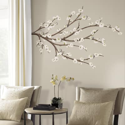 White/Brown Blossom Branch Peel and Stick Flower-embellished Giant Wall Decal