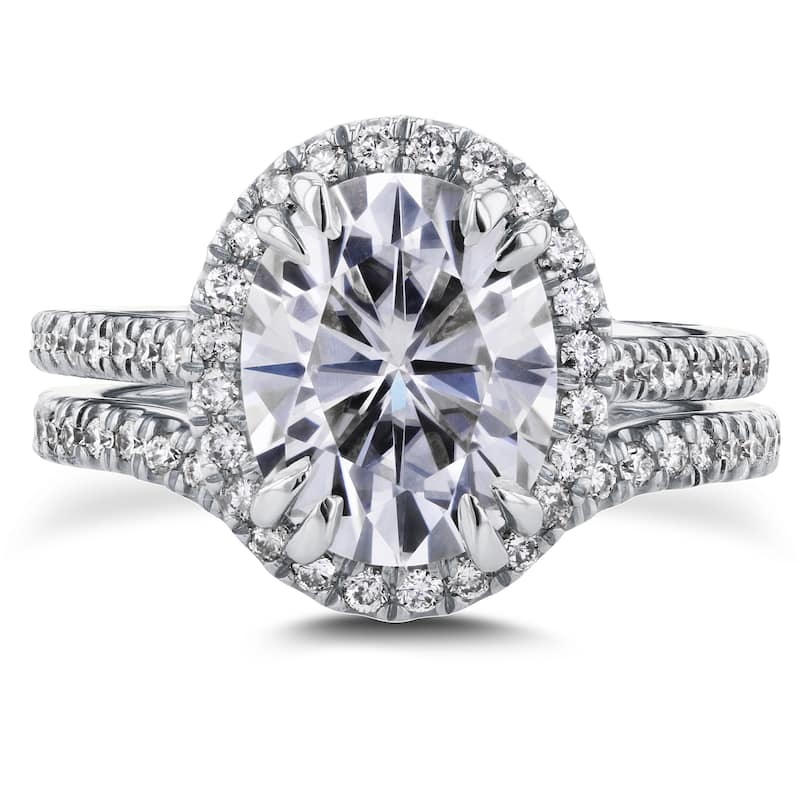 Annello by Kobelli 14k White Gold 3ct Oval Moissanite and 3/5ct TDW Diamond Halo 2-Piece Bridal Set (G-H, I1-I2
