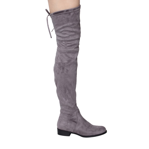 Women Over the Knee High Boots w// Drawstring Top Block Heel Black Taupe