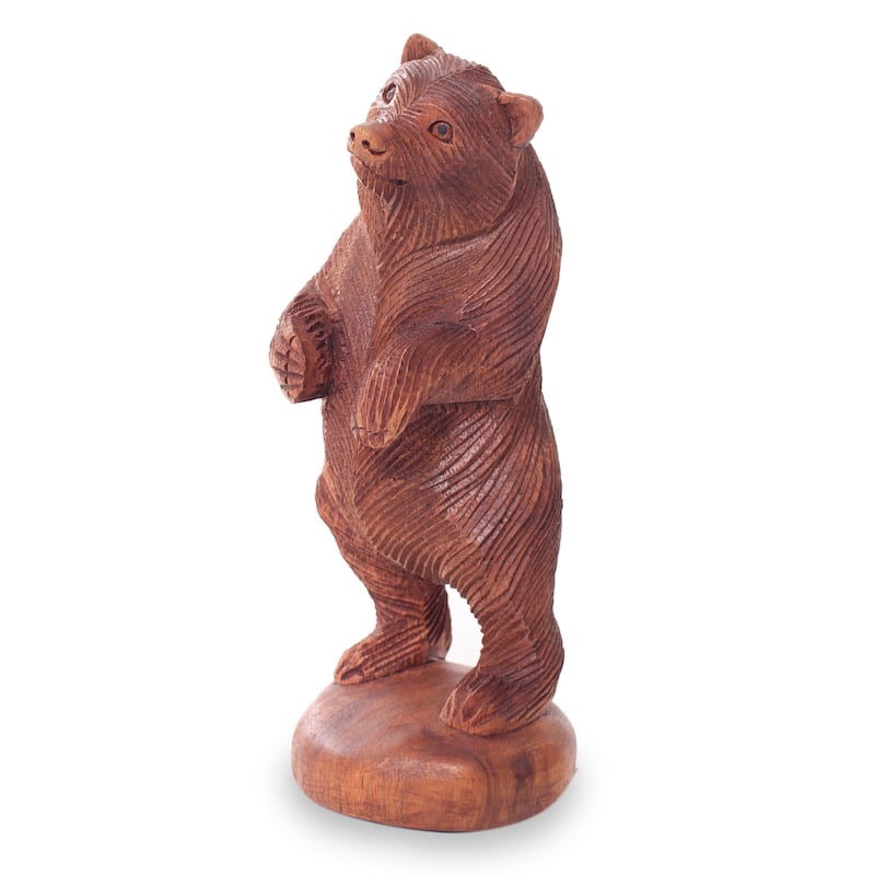 Handcrafted Suar Wood 'Inquisitive Brown Bear' Statuette (Indonesia) - 7.75" H x 3" W x 3" D