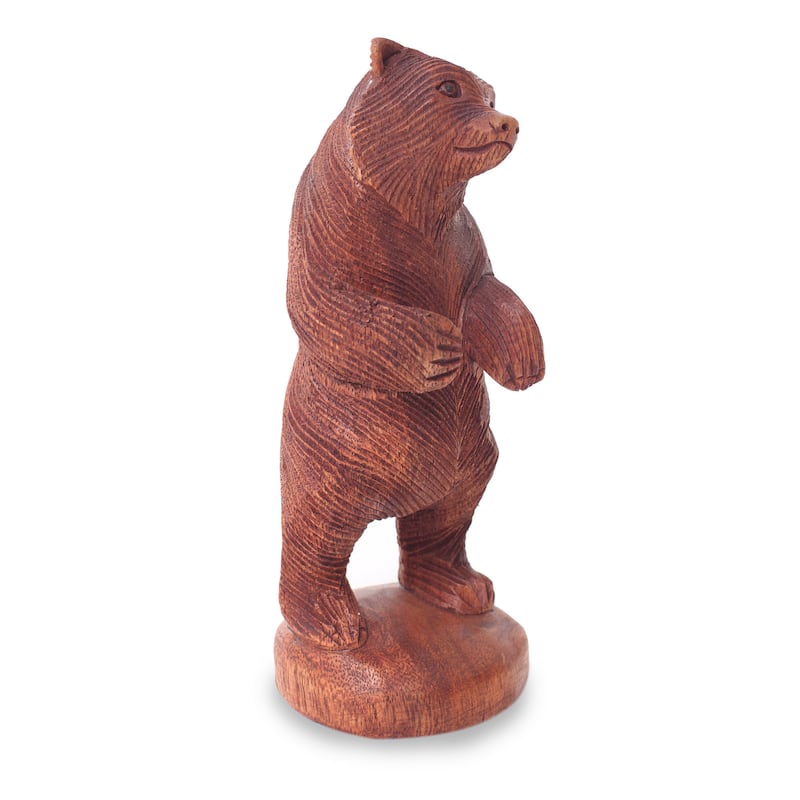 Handcrafted Suar Wood 'Inquisitive Brown Bear' Statuette (Indonesia) - 7.75" H x 3" W x 3" D