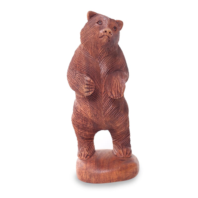 Handcrafted Suar Wood 'Inquisitive Brown Bear' Statuette (Indonesia) - 7.75" H x 3" W x 3" D