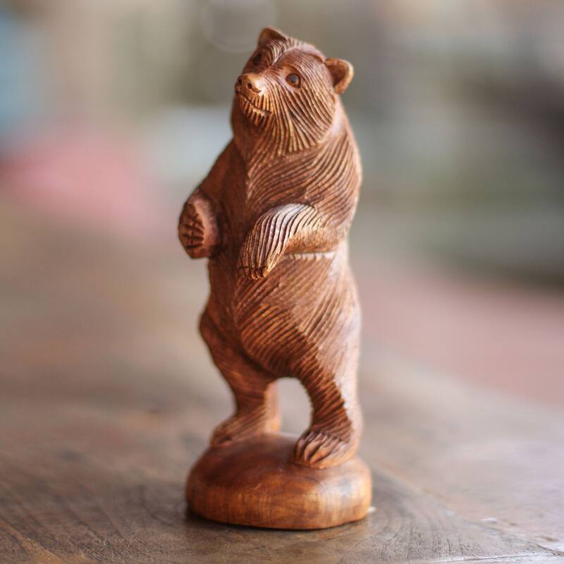 Handcrafted Suar Wood 'Inquisitive Brown Bear' Statuette (Indonesia) - 7.75" H x 3" W x 3" D