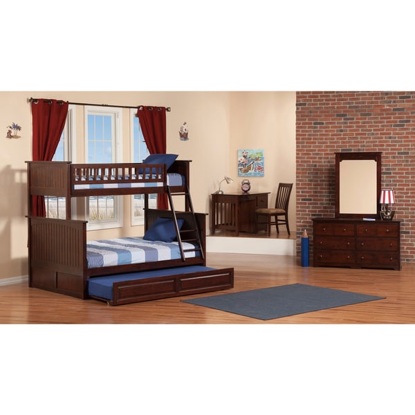 Nantucket Bunk Bed Twin over Full with Twin Size Raised Panel Trundle Bed in Walnut
