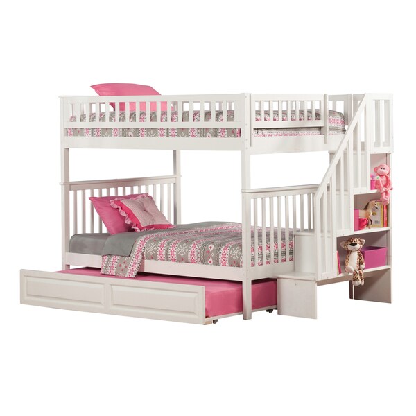 white bunk bed with trundle and stairs