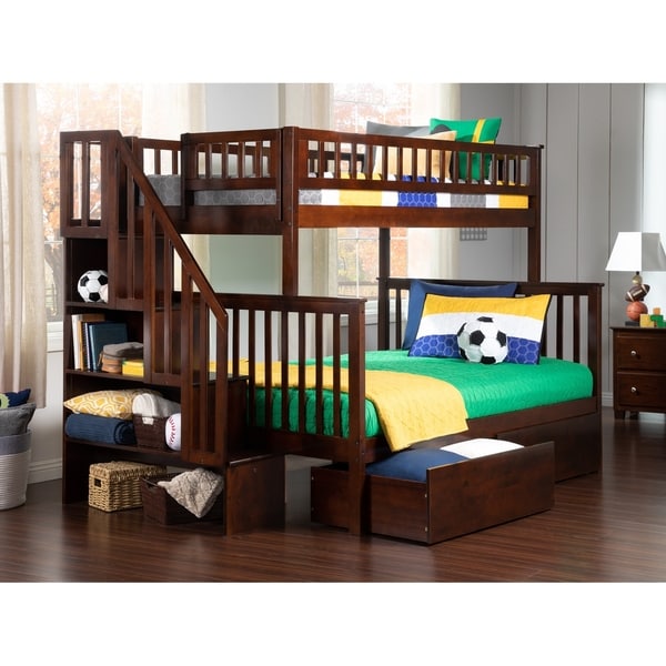 Woodland Staircase Bunk Bed Twin over Full with 2 Urban Bed Drawers in Walnut