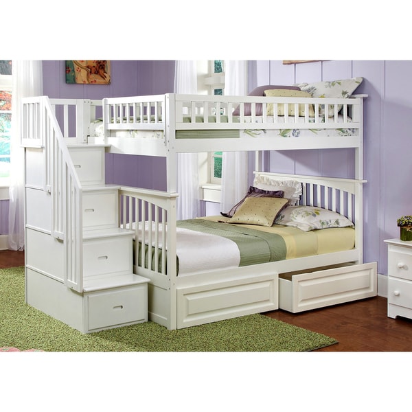 Columbia Staircase Bunk Bed Full over Full with 2 Raised Panel Bed Drawers in White