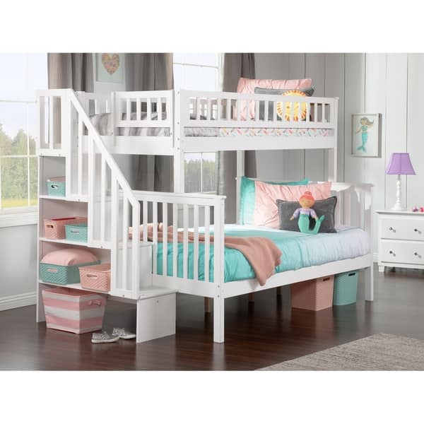 Woodland Staircase Bunk Bed Twin over Full in White - Overstock - 13049047