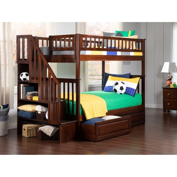 Woodland Staircase Bunk Bed Twin over Twin with 2 Raised Panel Bed Drawers in Walnut