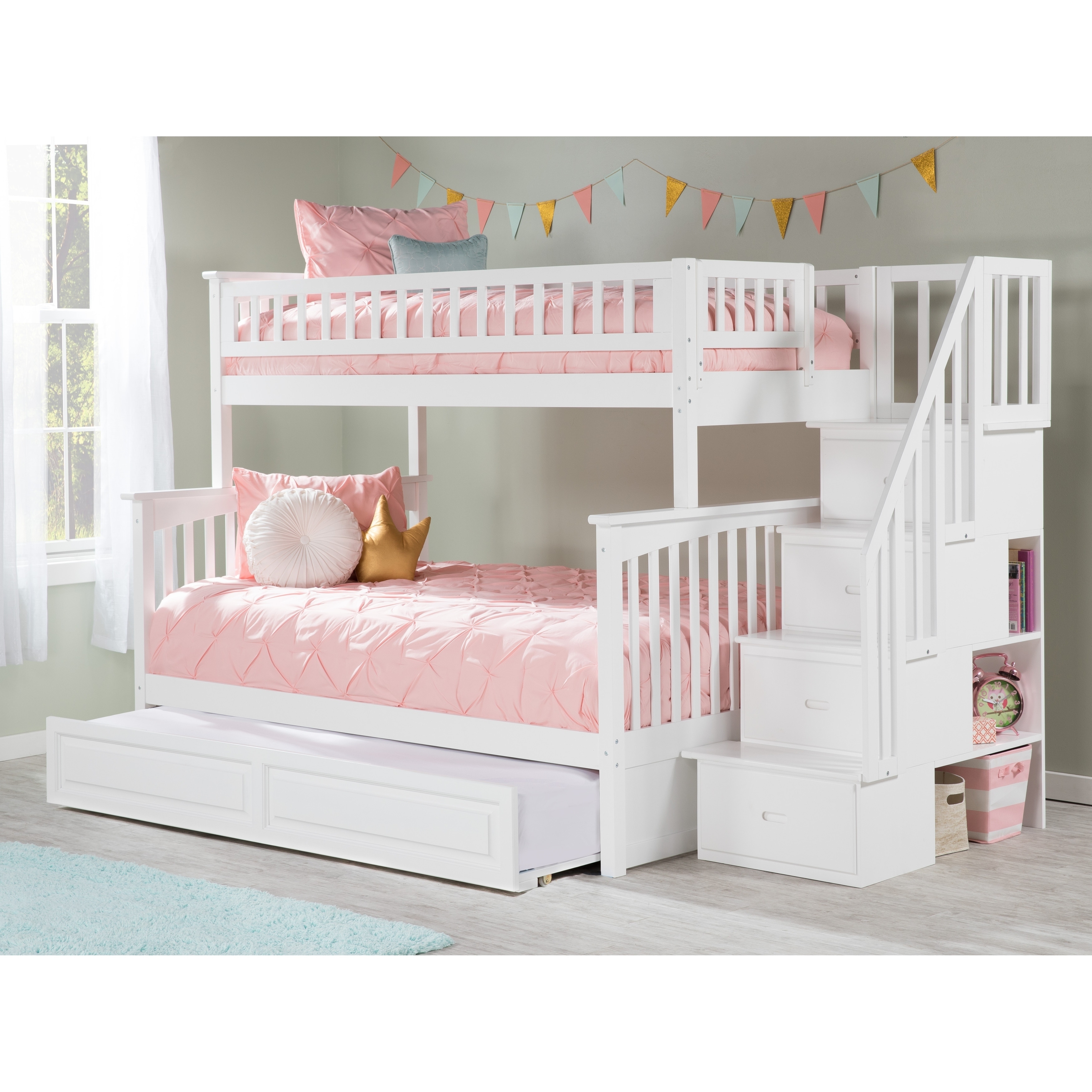 twin over full bunk bed with stairs and trundle