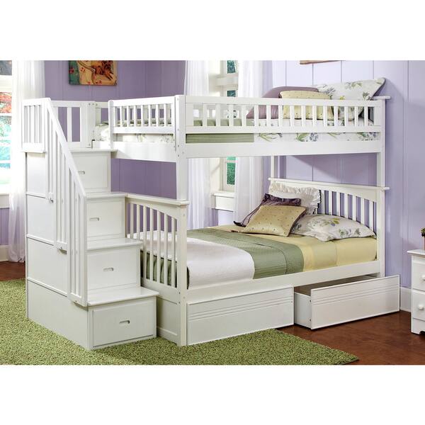 Columbia Staircase Bunk Bed Full over Full with Flat Panel Bed Drawers in White 13049116
