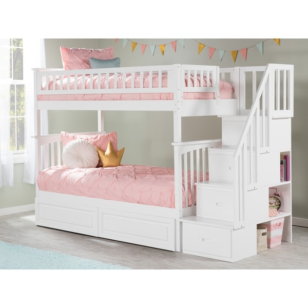 Columbia Staircase Bunk Bed Twin over Twin with 2 Raised Panel Bed Drawers in White