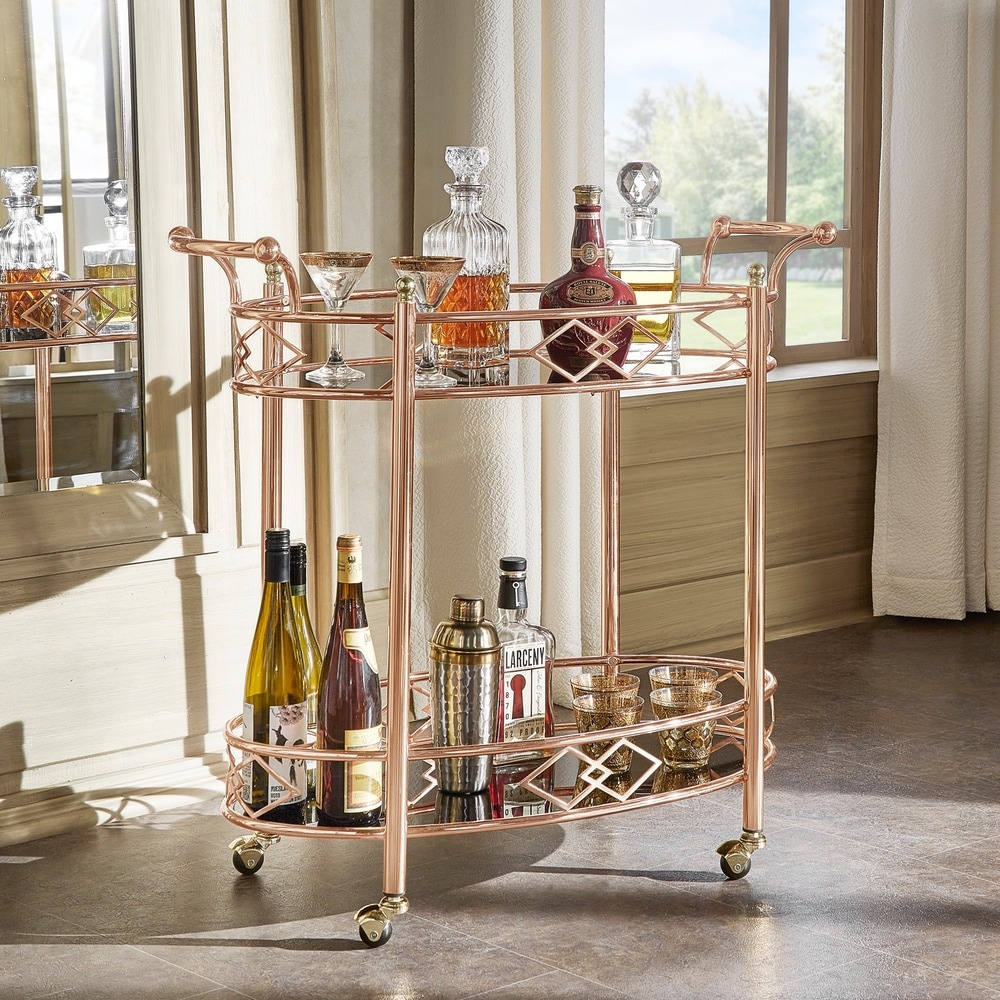iNSPIRE Q Bold Metropolitan Rose Gold Metal Black Glass Bar Cart