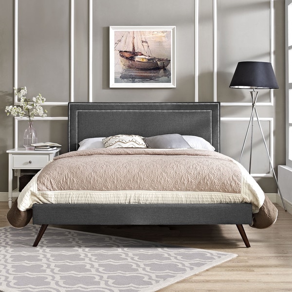 Jessamine Grey Fabric Platform Bed with Round Splayed Legs