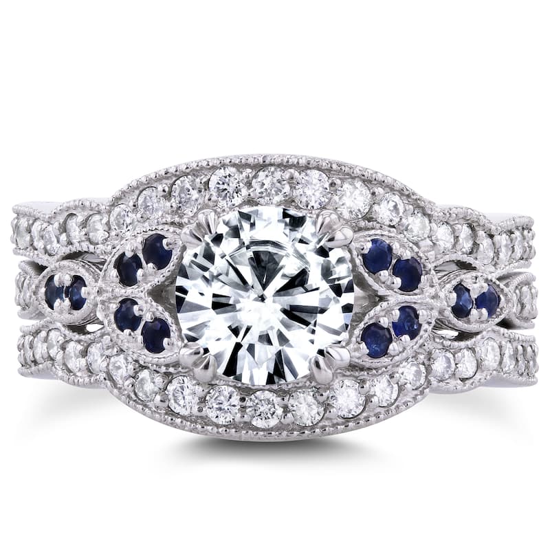 Annello by Kobelli 14k White Gold Forever One Moissanite Blue Sapphire and 1/2ct TDW Diamond Vintage Floral 3-P