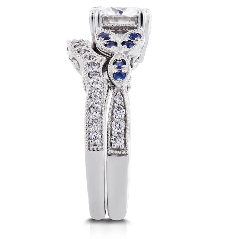 Annello by Kobelli 14k White Gold Forever One Moissanite Blue Sapphire and 1/4ct TDW Diamond Vintage Floral Bri
