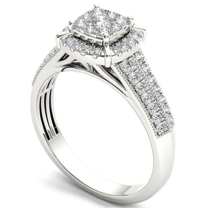 De Couer 10k White Gold 1/2ct TDW Diamond Cluster Halo Engagement Ring - White H-I
