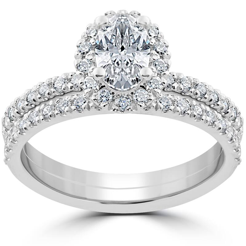 14k White Gold 1 1/4 ct Oval Halo Diamond Engagement Wedding Ring Set