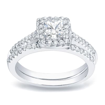 Auriya Platinum Gold 3/4ctw Princess-cut Halo Diamond Engagement Ring Bridal Set