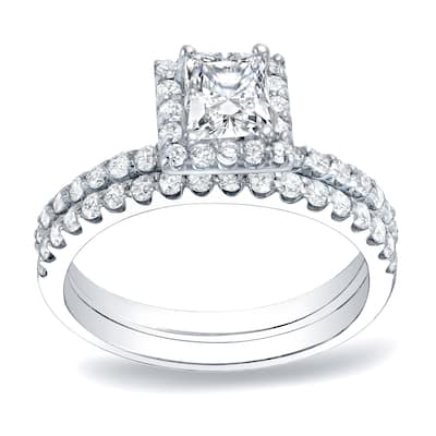 Platinum 1 1/4ct TDW Princess Cut Diamond Halo Engagement Ring Set by Auriya