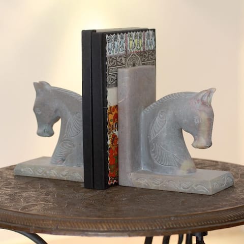 Handmade Set of 2 Soapstone 'Pretty Ponies' Bookends (India)