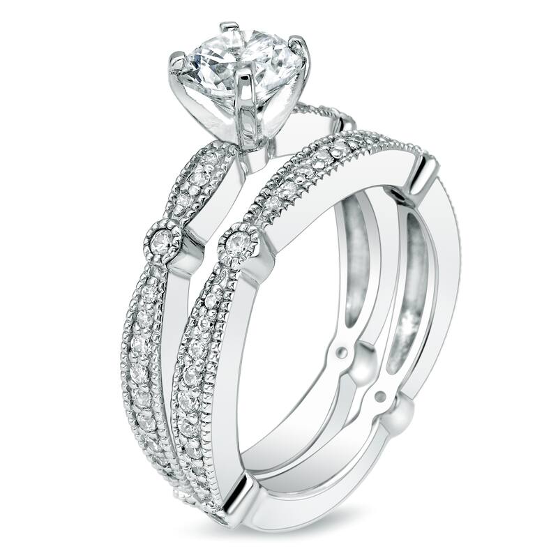 Auriya Platinum Vintage 1ct TDW Certified Round-cut Diamond Engagement Ring Bridal Set