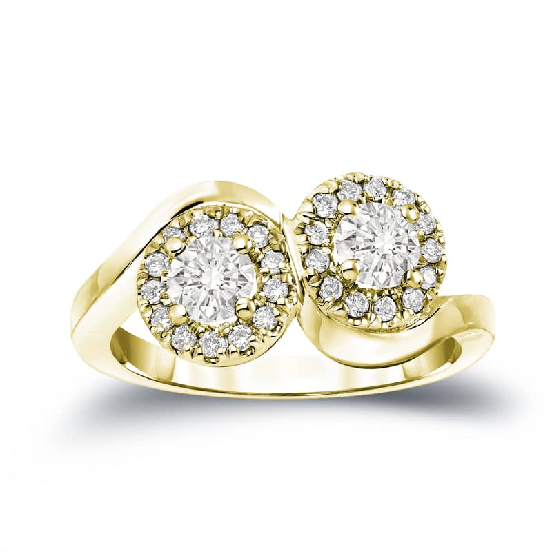 Auriya 14k Gold 1ct TDW Round 2-Stone Diamond Halo Engagement Ring