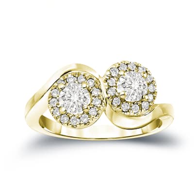 Auriya 14k Gold 1ct TDW Round 2-Stone Diamond Halo Engagement Ring