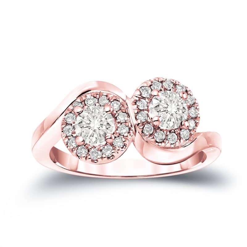 Auriya 14k Gold 1ct TDW Round 2-Stone Diamond Halo Engagement Ring