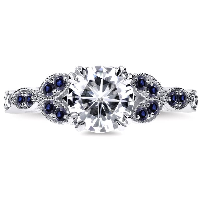 Annello by Kobelli 14k White Gold Moissanite Blue Sapphire and 1/2ct TDW Diamond Vintage Floral 3-Piece Bridal
