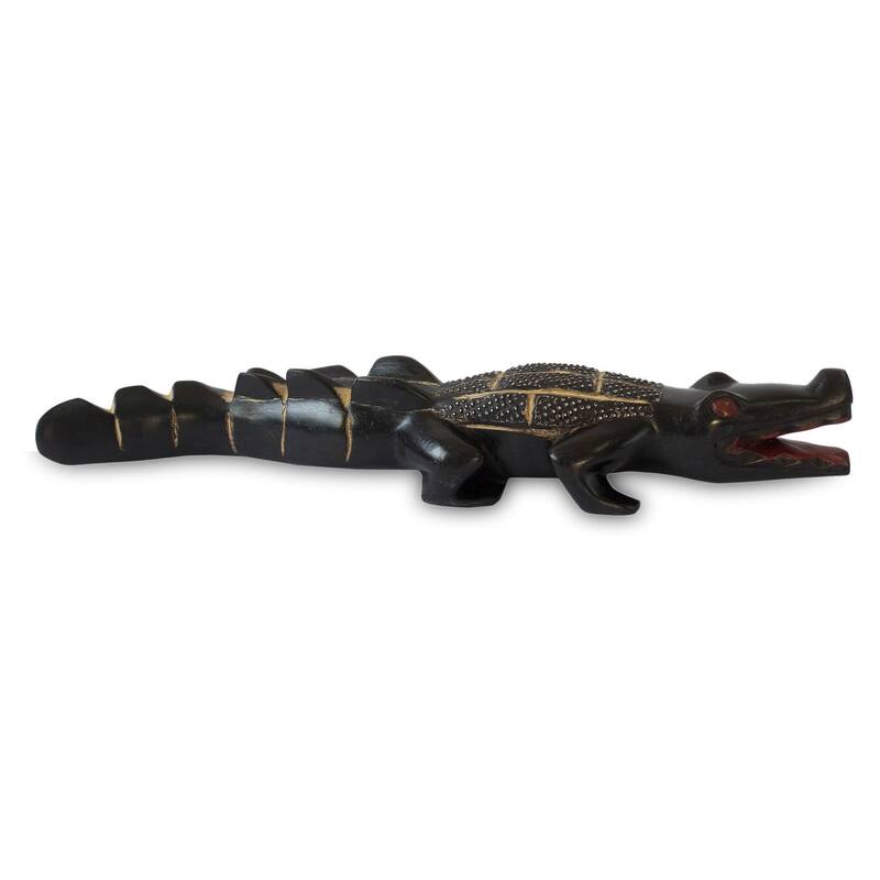 Handcrafted Sese Wood 'Benin Crocodile I' Sculpture (Ghana)