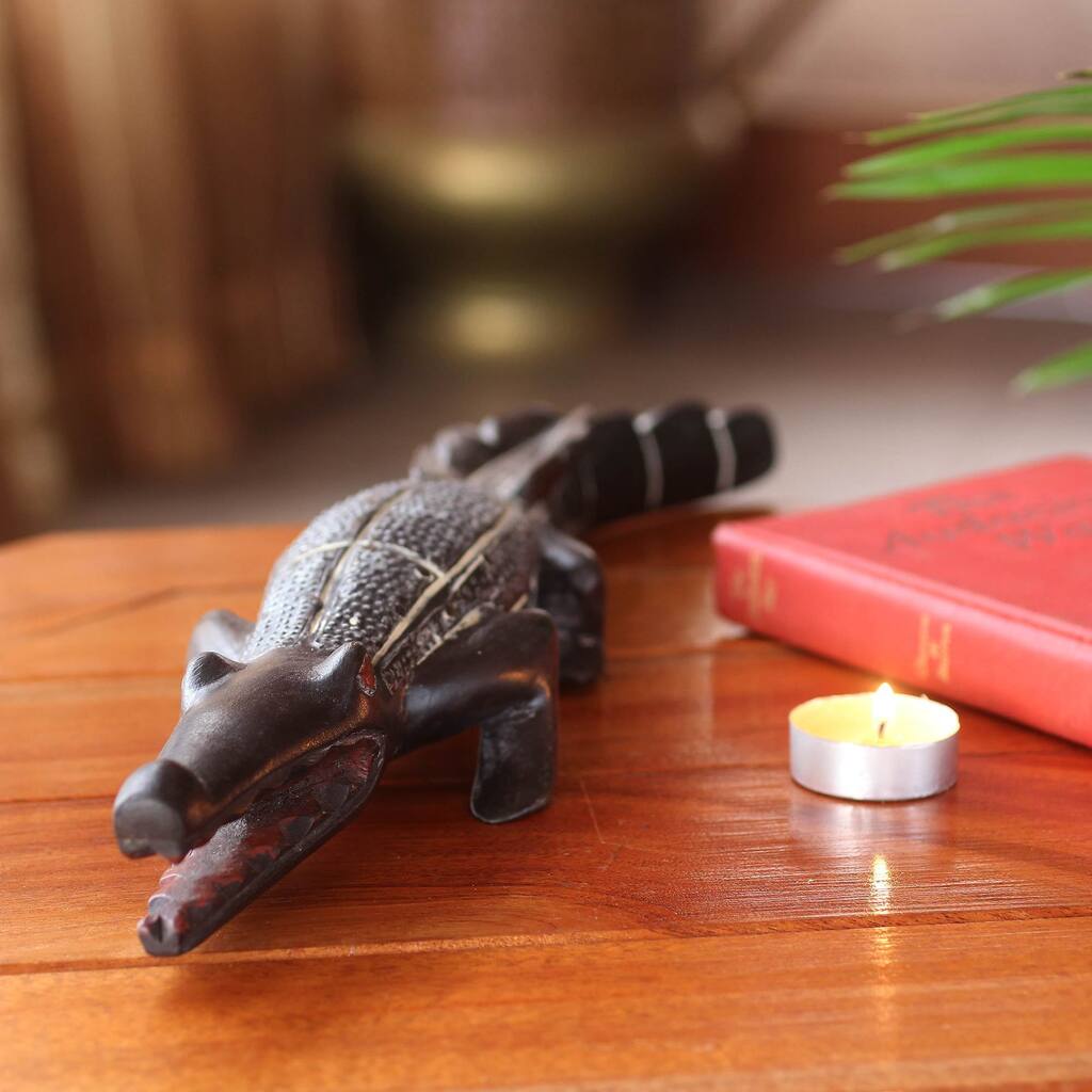 Handcrafted Sese Wood 'Benin Crocodile I' Sculpture (Ghana)