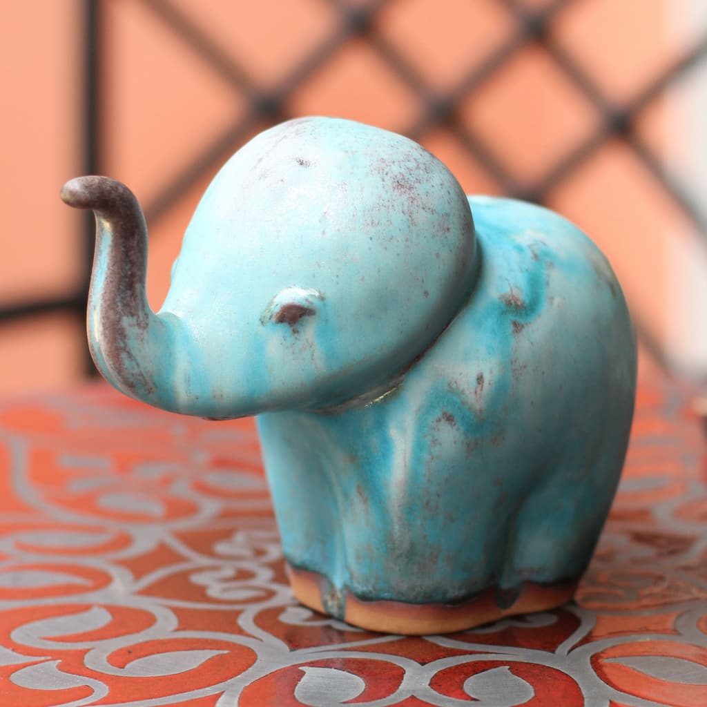 Handmade Ceramic 'Turquoise Elephant Child' Celadon Statuette (Thailand)
